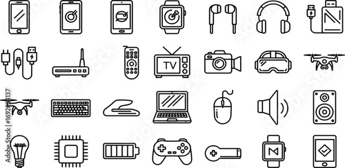 Electronics icon set, black and white, smartphone, smartwatch, drone, camera, headset, charger, vector, isolated, tech gadget bundle