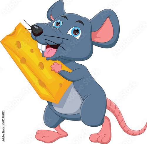 Cute cartoon mouse holding cheese with happy expression, standing pose, kids character design, cad drawing flat vector illustration, isolated on white background