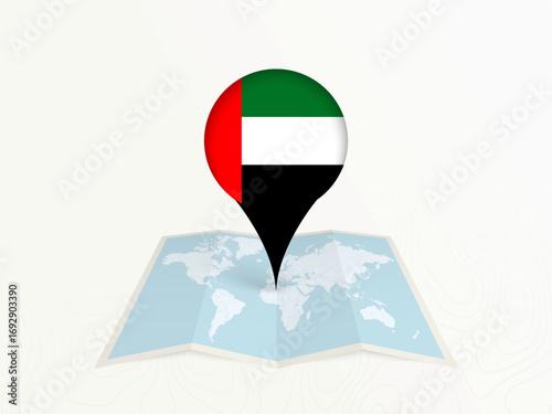 United Arab Emirates Map Pin with National Flag on Open World Map.