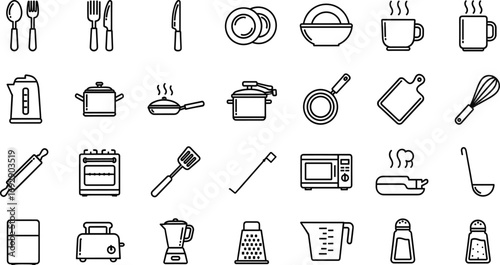 Kitchen icon set, black and white, utensils, cookware, appliances, tools, food prep, vector, isolated, culinary bundle for design