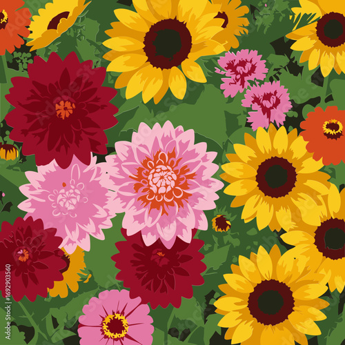 Colorful flower arrangement with vibrant dahlias, sunflowers, zinnias, and other blooms in a garden setting.