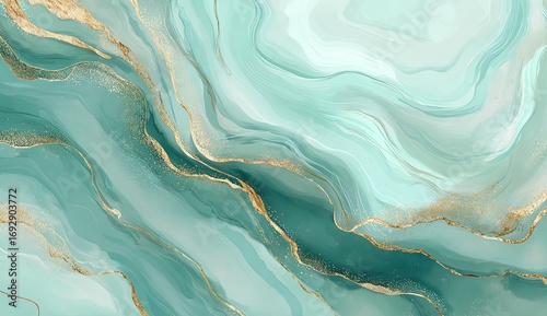 Abstract marble-like background. Teal and mint green hues with gold veins