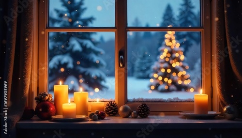 Cozy winter scene with flickering candlelight illuminating a snowy landscape outside a window Perfect for holiday, hygge, and winter themes , magical, snow, winter