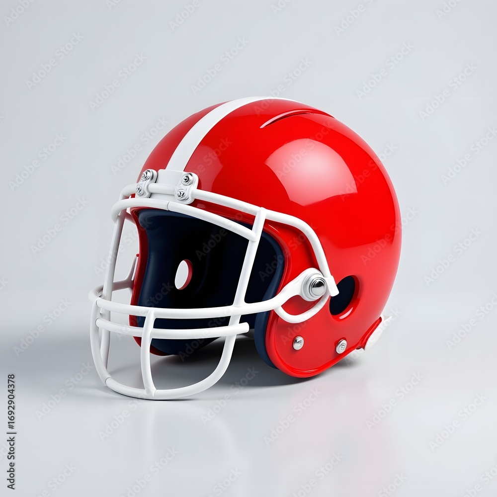 Fototapeta premium Red Football Helmet with White Faceguard and Stripe on a Clean Background