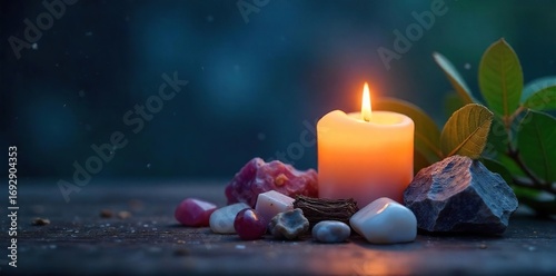 Serene night scene featuring candles, crystals, and sage smudge stick, perfect for promoting relaxation, meditation, and spiritual wellness , darkness, spiritual awakening