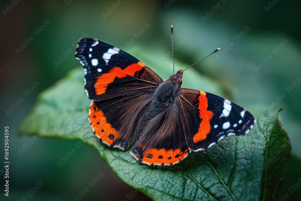 Naklejka premium Close-up of Red Admiral butterfly on leaf