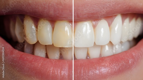 Teeth whitening transformation showing dramatic before and after results with yellow stained teeth turning perfectly white