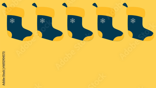 Christmas stockings illustration on yellow background. Festive holiday illustration featuring five. Suitable for seasonal designs, greeting cards, and festive decorations.