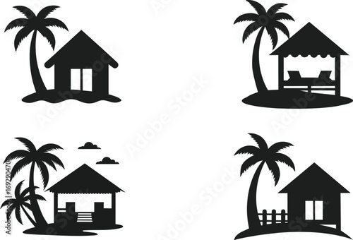 Beach Hut Silhouette Icons – Tropical Palm Tree Vector Set