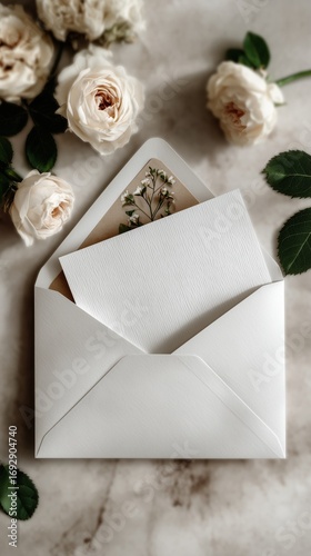 Elegant Floral Greeting Card Nestled in a White Envelope on a Marble Surface ...