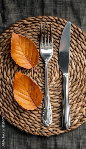 Elegant Autumn Table Setting With Silverware and Golden Leaves on Woven Tray.
