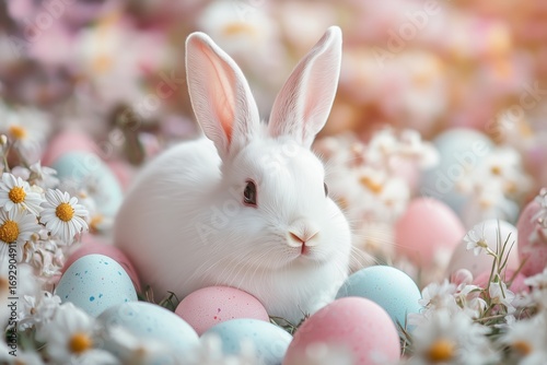 Cute Rabbit Surrounded by Pastel Easter Eggs and Flowers in a Colorful Spring...