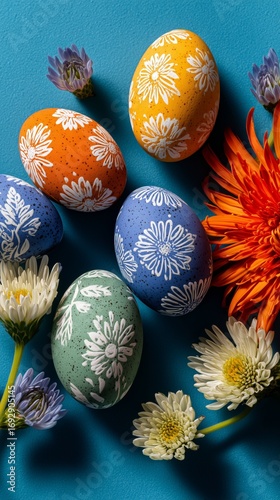 Colorful Decorated Easter Eggs Surrounded by Spring Flowers on a Bright Blue ...