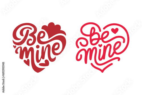 Two red heart designs with be mine calligraphy for valentine s day