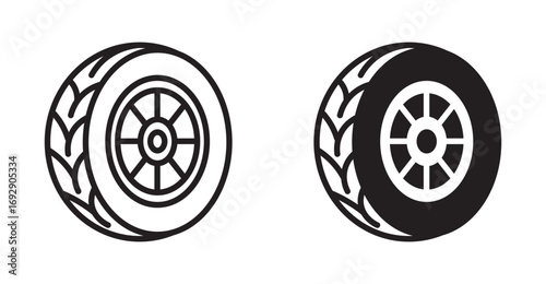 Wheel tires vector icon set. Car rims and wheels. Automobile rims silhouette, round vehicle wheel, industry pictogram. Cargo auto transport tires icons. 