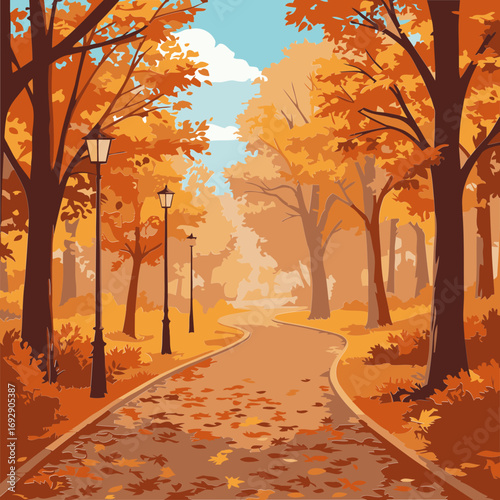 Autumn park path lined with colorful trees and scattered leaves. Serene walkway meanders through the park with vibrant foliage, creating a picturesque autumn scene.