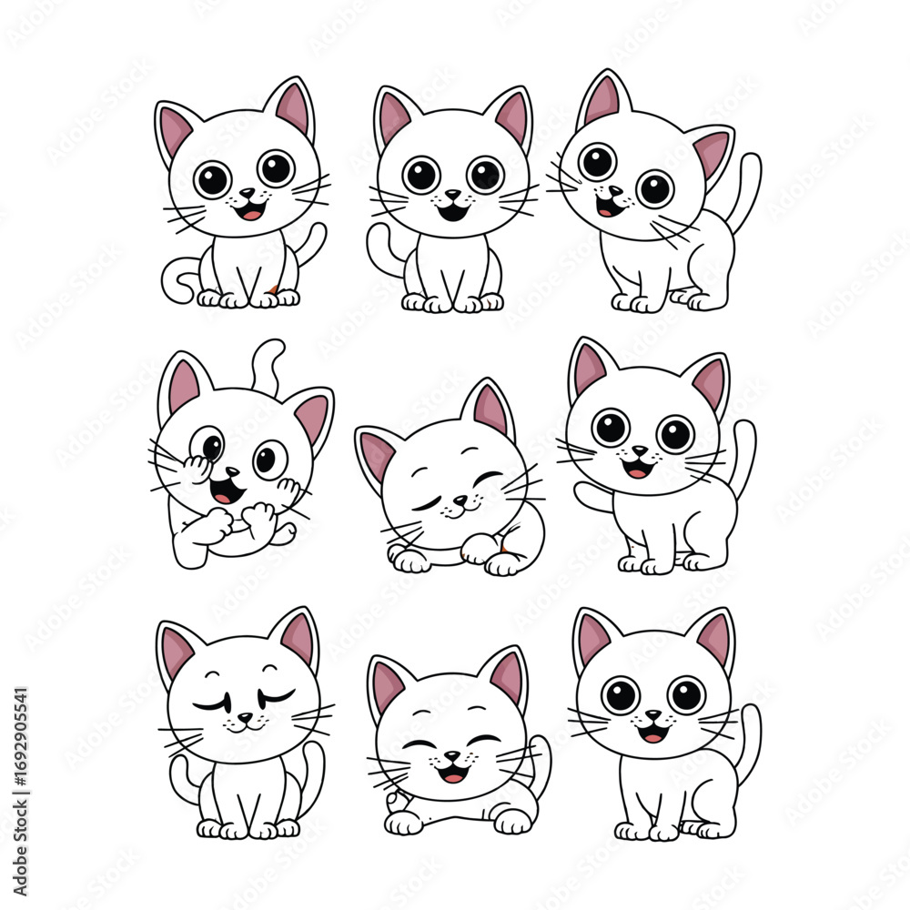 Fototapeta premium Cartoon illustration of eight orange cats in various poses and expressions arranged in two rows on white background