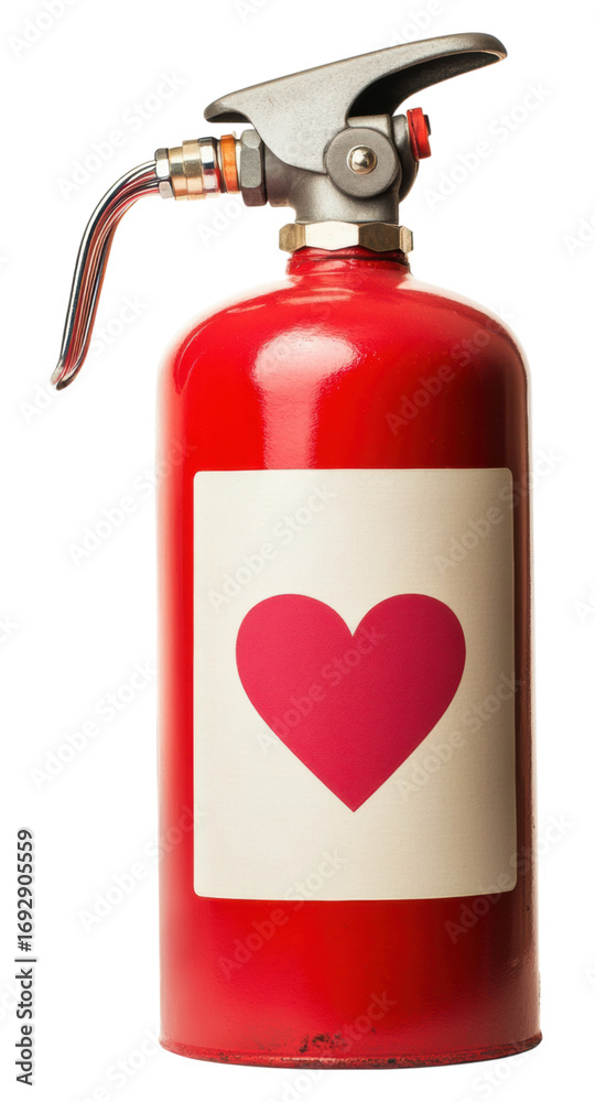 Obraz premium A uniquely designed fire extinguisher featuring a heart symbol, creatively blending safety with a romantic theme.