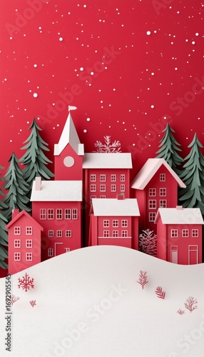 Winter Village Decoration With Red Houses and Snowflakes Set Against a Bright...