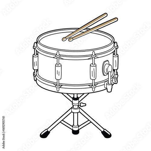 Cartoon illustration of a red snare drum with drumsticks and chrome hardware in simple minimalist style