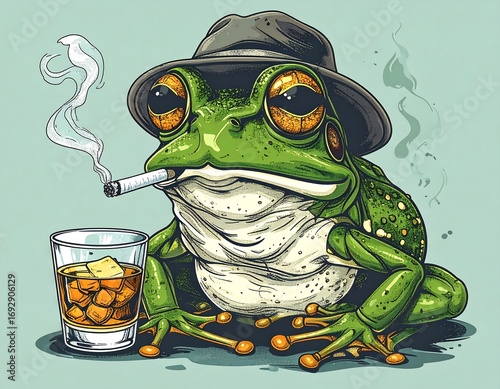 A frog in a hat, smoking and drinking