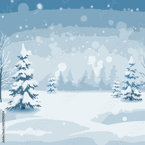 Winter wonderland landscape with snow-covered fir trees and falling snow. Snowy scene with softly blurred background of a forest in winter.