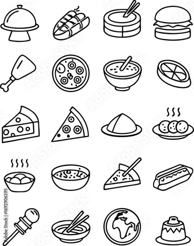 Delicious food icons set for menus, restaurants, and culinary inspiration, serving cravings instantly.