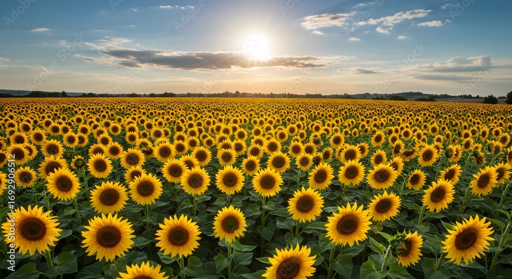Obraz premium Sunflower field at sunset