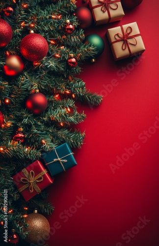 Festive Decorations With Red Gifts and Ornaments on a Christmas Tree Against ...