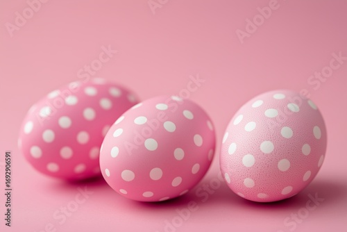 Pink Polka Dot Eggs Arranged in a Row Against a Soft Pink Background for Fest...