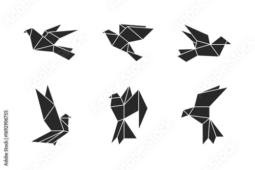 Origami bird silhouettes set, low poly polygon geometric birds illustration