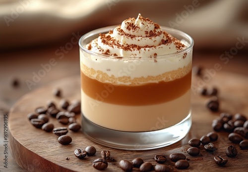 Delicious Layered Coffee Drink With Whipped Cream Served in a Glass on a Wood...