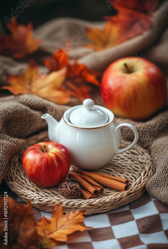 Warm Autumn Tea Set on a Table With Apples and Cinnamon by the Window With Fa...