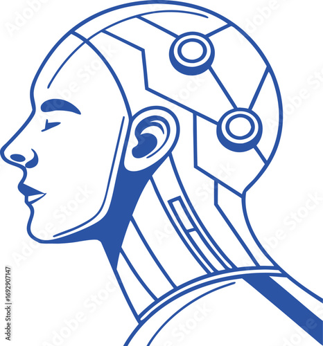 Futuristic cyborg head profile with glowing circuits, symbolizing AI, technology, and human enhancement