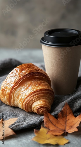 Freshly Baked Croissant With Coffee Cup and Autumn Leaves on the Table.