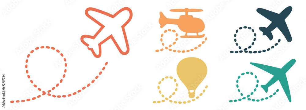 Fototapeta premium Aviation Emoji Vectors. Helicopter, Jet Fighter, Hot Air Balloon, Glider Icons