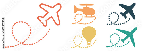 Aviation Emoji Vectors. Helicopter, Jet Fighter, Hot Air Balloon, Glider Icons