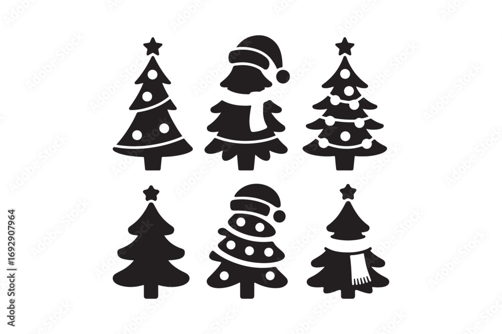 Fototapeta premium Six stylized black christmas trees with festive decorations