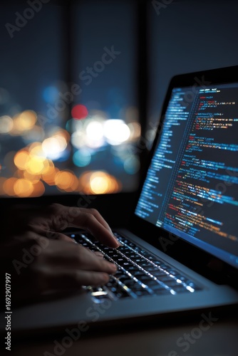 Nighttime Coding Hands Typing on Laptop with City Lights Blurred Background
