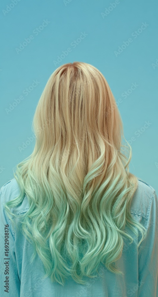Naklejka premium Woman's back view, light blonde/mint green ombre hair
