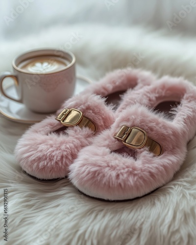 Cozy Pink Fluffy Slippers Beside a Cup of Coffee on a Soft Rug at Home