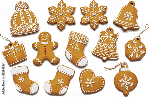 Christmas gingerbread clipart, holiday cookie illustration, festive gingerbread man stockings ornaments bells, winter Christmas baking clip art set