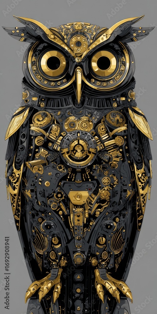 Obraz premium Mechanical owl, black and gold, intricate detail