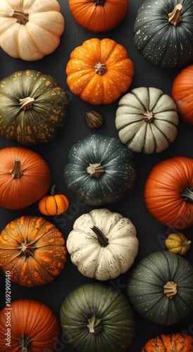 Vibrant Assortment of Pumpkins Showcases Fall Colors and Textures Perfect for...