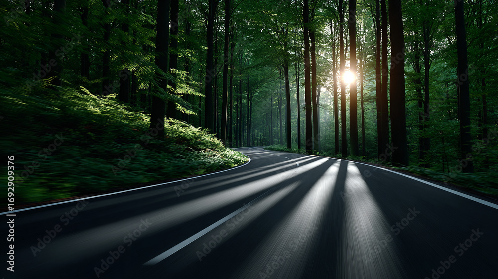 Fototapeta premium Serene winding road through a lush forest with sunlight filtering through the trees during late afternoon