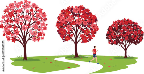 Vibrant spring park scene with blooming red and pink trees, winding path, and jogger enjoying outdoor fitness in colorful natural landscape