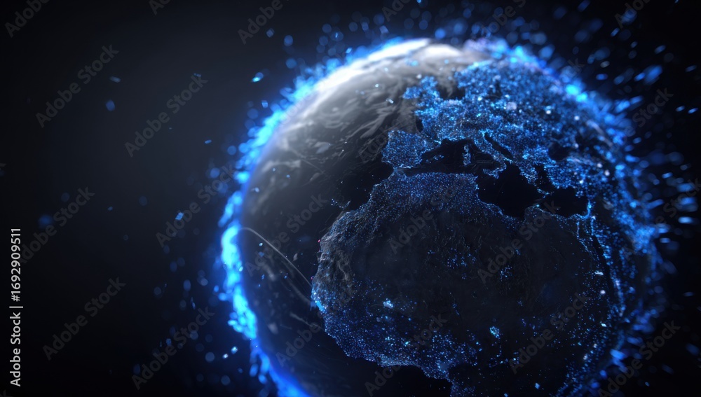 Obraz premium A digitally rendered Earth, glowing with blue particles