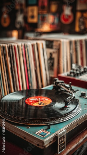 Vintage Turntable Playing Records in a Cozy Music Shop With Extensive Vinyl C...