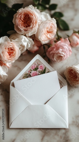 Elegant Floral Greeting Card Nestled in a White Envelope on a Marble Surface ...