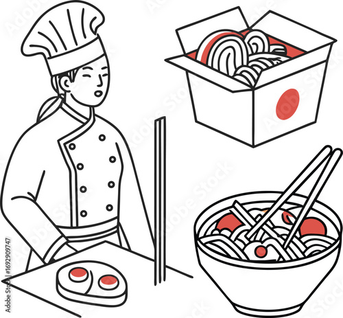 Skilled chef prepares delicious ramen noodles and sushi rolls for a delightful culinary experience